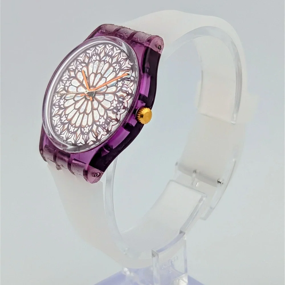 Vintage 1994 Swatch Gent Quasimodo GV108 Notre Dame Stained Glass 34mm Watch